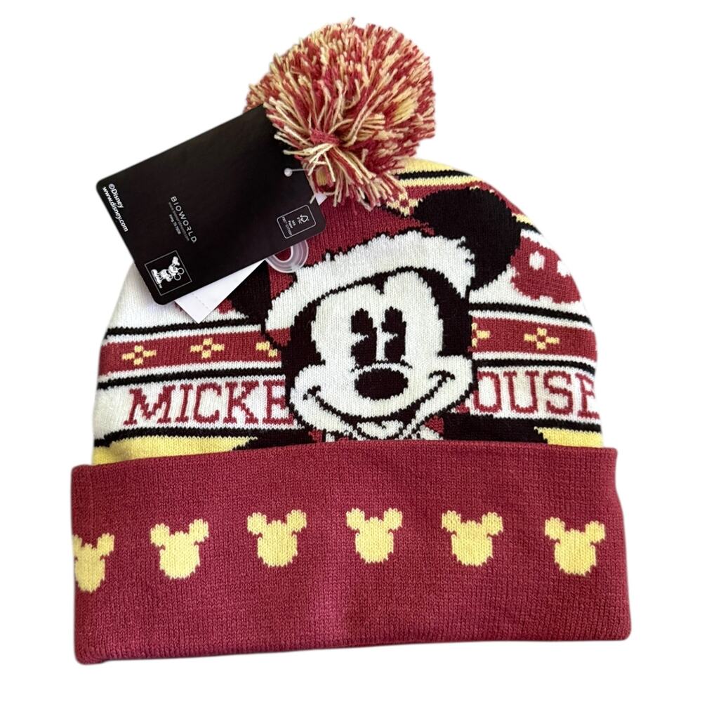Disney Mickey Mouse Red White Holiday Christmas Beanie OS